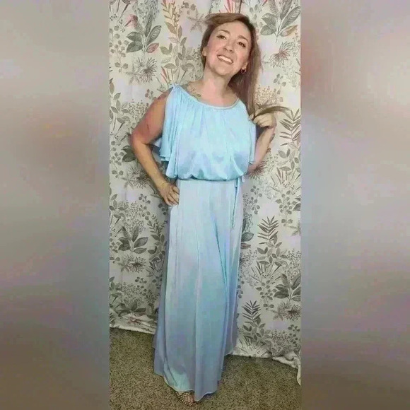 Vintage 70s 80s Light Blue Drape maxi Dress Size m - Picture 3 of 3